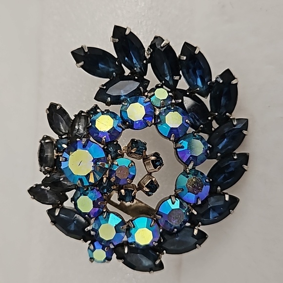 Vintage Large Aurora Borealis Navy Brooch - Picture 1 of 7